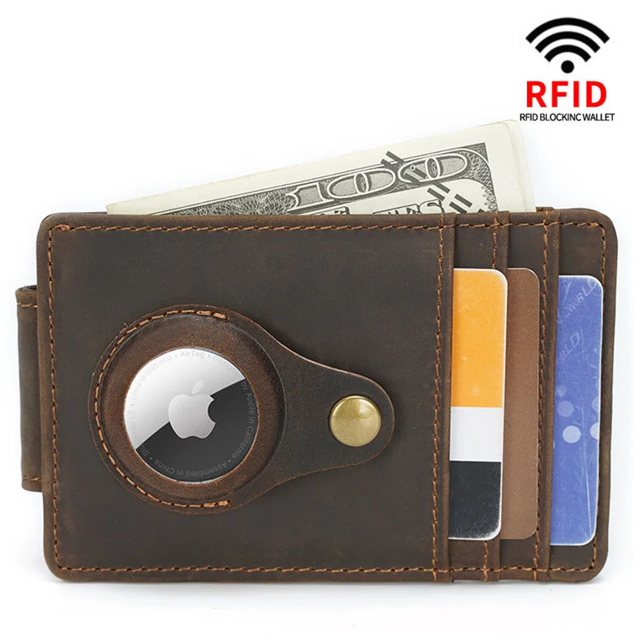 Тонкий и тонкий чехол из натуральной кожи с RFID-блокировкой для карт, зажим для денег с Apple Airtag, чехол, аксессуары для Airtag