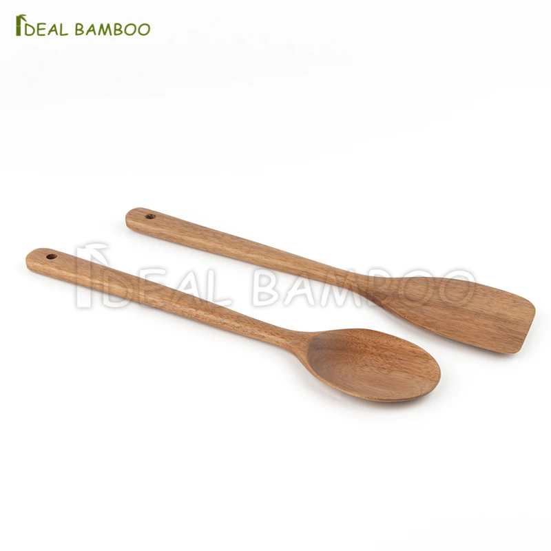 OEM Factory 2pcs Natural Acacia Wood Flat Spoons and Spatula Cooking Utensil Sets for Kitchen Use