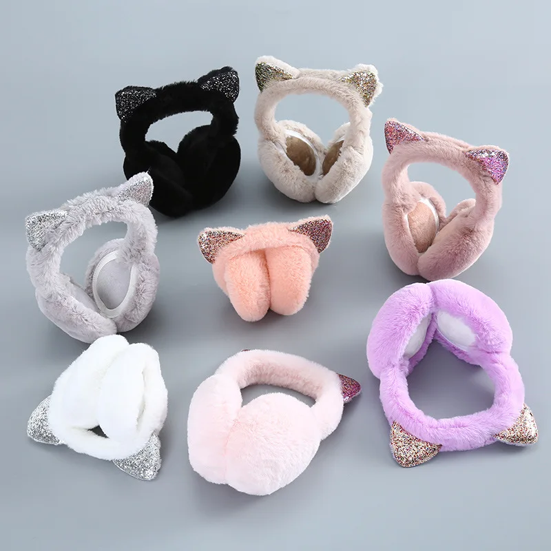 Winter Glittering Sequins Cat Ear Warmer Cute Soft Faux Fur Wool Earmuffs Headband Plush Foldable Ear Muffs For Women Girls