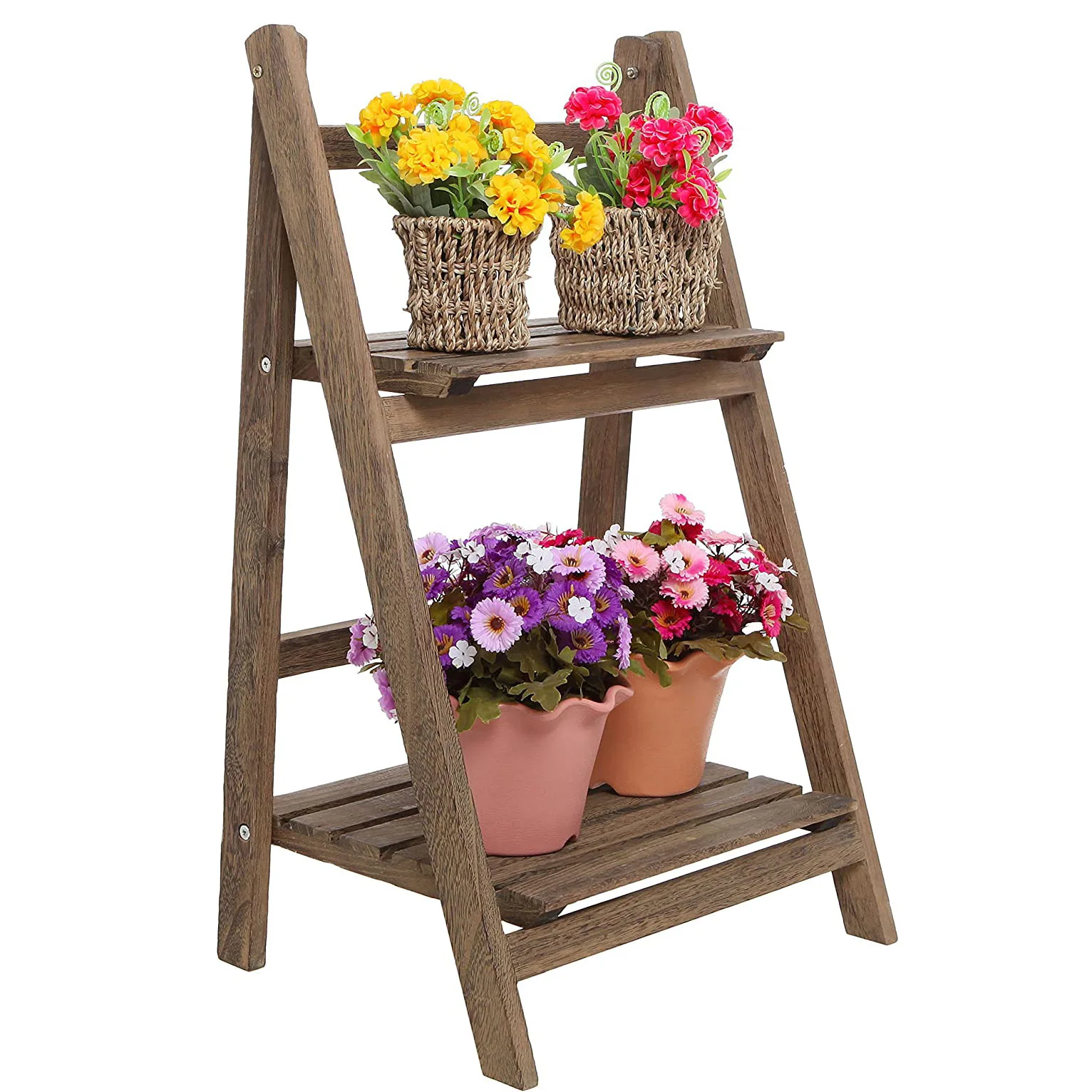 2-Tier Ladder Plant Stand Flower wood free standing shelf Outdoor Garden Shelf