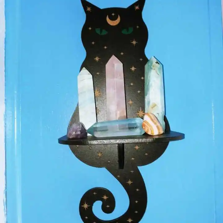 Wall Decorative Shelving Ornaments Holder Moon phase and Cat Shape Decor Crystal Display Shelf Altar Witch Pendulum Stand