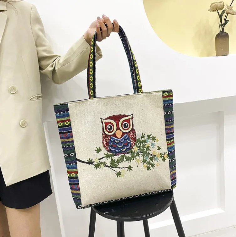 Wholesale Cartoon Owl Flamingo Woven Cotton Casual Ladies Tote Bag Large Shopping Bag Women Beach Handbag for Girls Canvas ODM