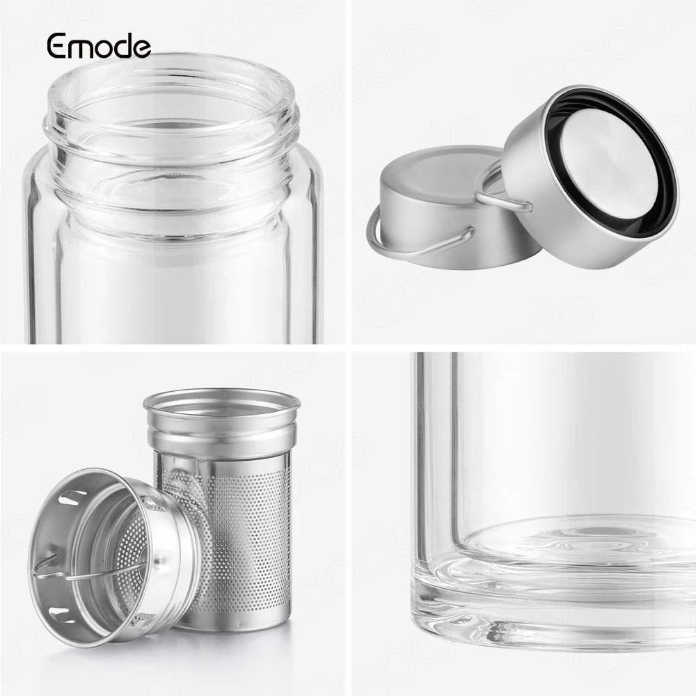 Emode Tea Tumbler with Infuser Double Wall Glass Travel Tea Mug with Stainless Steel Filter for Loose Leaf Tea and Fruit Water