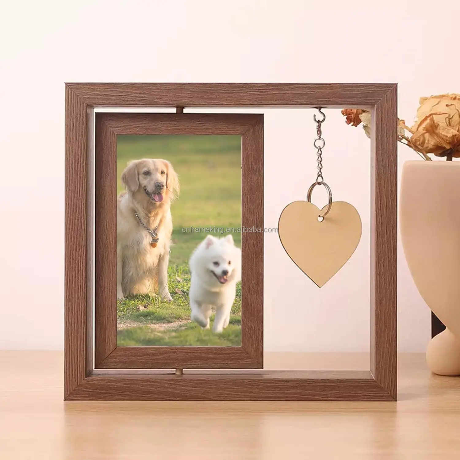 Pet Memorial gift Wood Double sided 360 Degree Rotating Photo Frame With Engraved Warm Heart Pendant