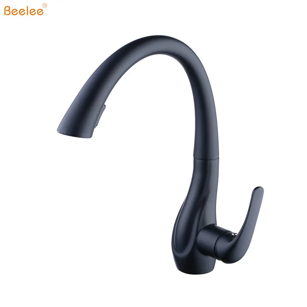 Beelee BL1749B Modern Matte Black Color Single Handle Pull Down Sprayer Water Kitchen Faucet Mixer Tap