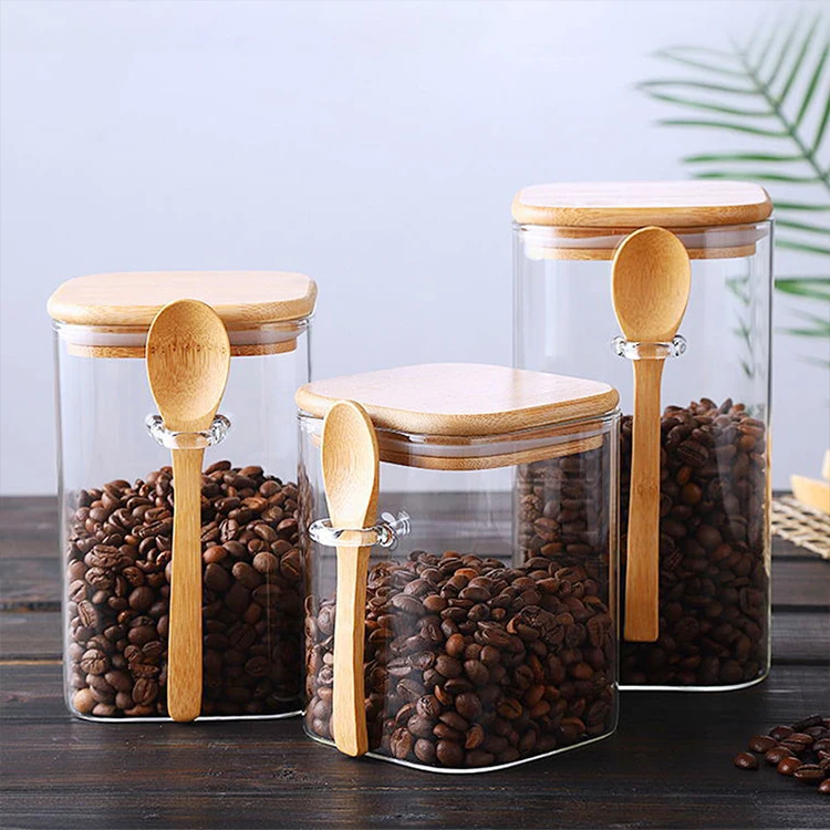 1000ml 1200ml 1500ml Square Shape Glass Spice Food Storage Container Jar with Bamboo Lid and Wooden Spoon for