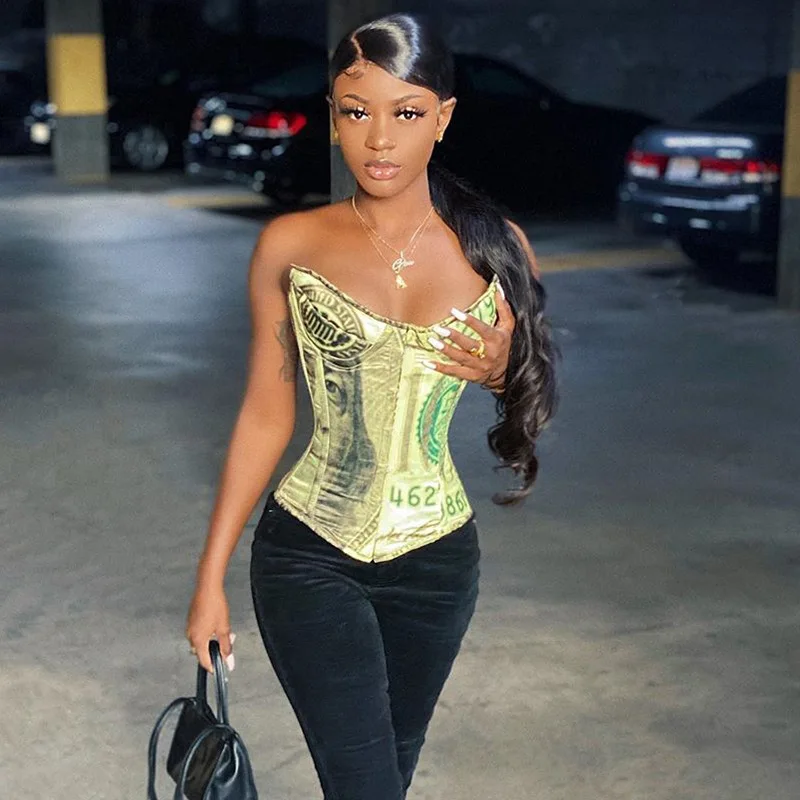 
Amazon INS Hot Selling Women Fashion Corset Top Sleeveless Money Print Outfit Sexy U-Neck Slimfit Waist Korean Casual Women Top 