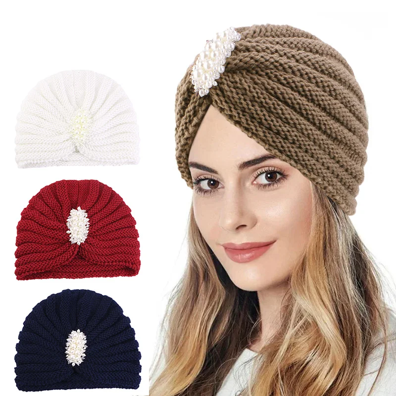 Wholesale Custom Logo Hair Accessories Outdoor Warm Acrylic Knitted Winter Hat Pearl Beaded Design Beanie Turban For Women