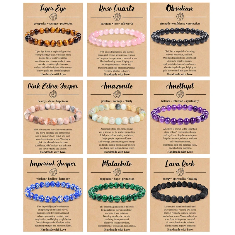 Natural Stone Bracelets for Women Men 8mm Round Crystal Semi-Precious Gemstone Beaded Stretch Bracelets