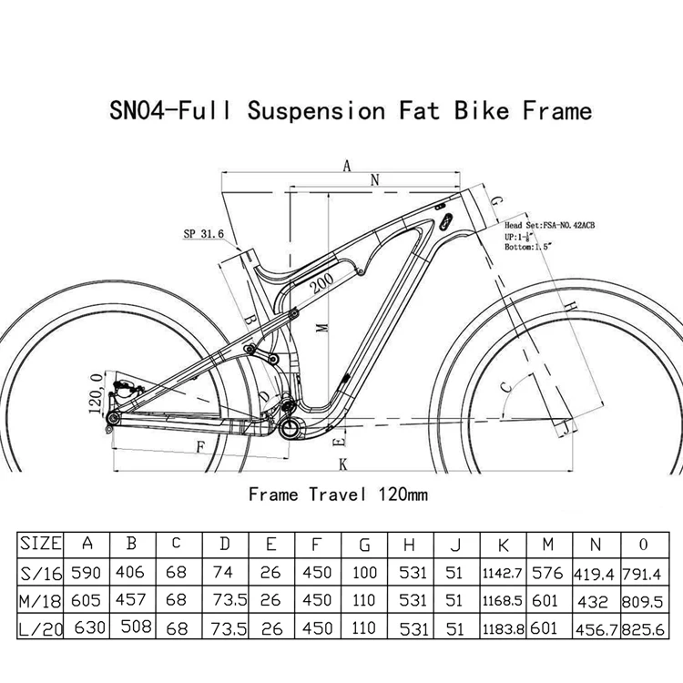 Full suspension 26er fat bike carbon frame with 200mm rear shock