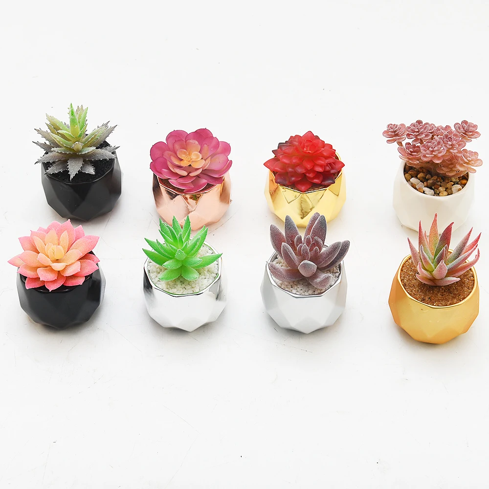 Wholesale custom wedding daily decoration artificial flowers succulents ceramic potted plants, small mini fake plants bonsai