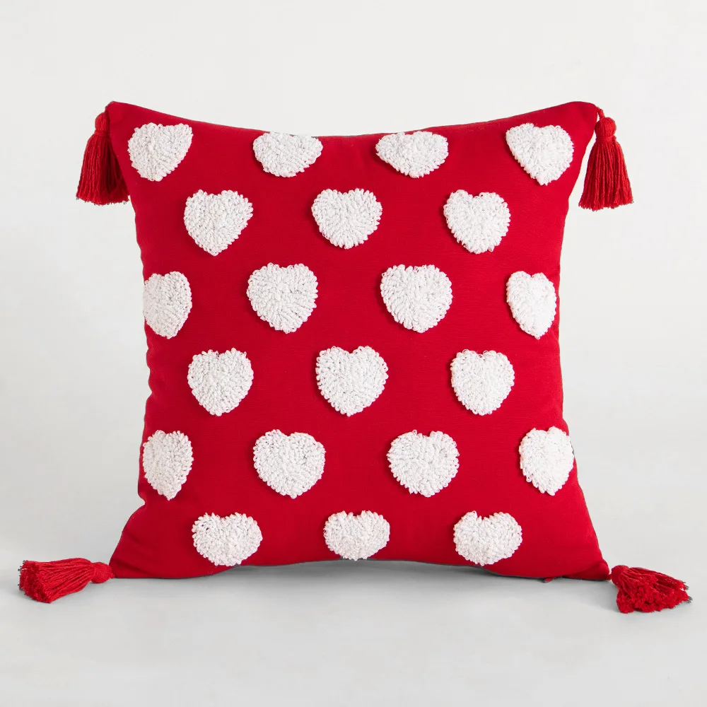 Valentines Pillow Cover Love Heart Red White Throw Pillow Cover Heart Home Bed Sofa Tufted Embroidery Punch Needle Pillow Case