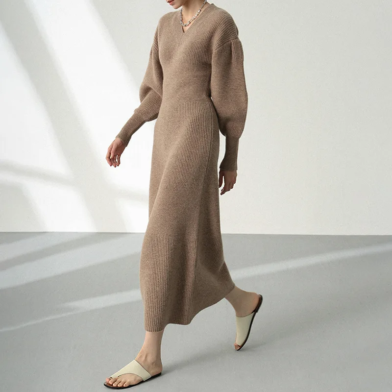 Custom 100% Cashmere Dress Women Lady Winter Knit Woman Vintage Lantern Sleeves Long Cotton Wool Cashmere Sweater Dresses