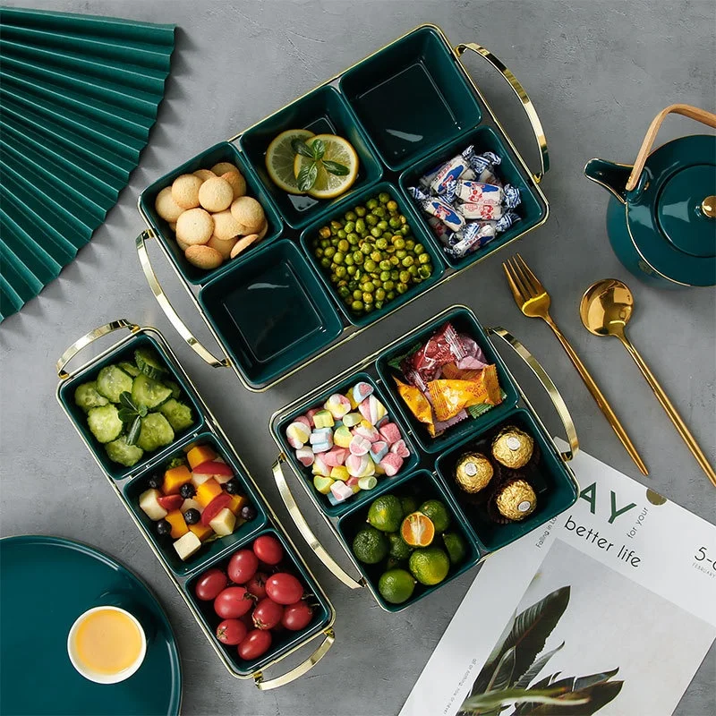 Malachite Green Ceramic six-grid dry fruit plate sub-grid with Iron Rack Living Room Candy Melon Seeds Three Grid Plate Snack su