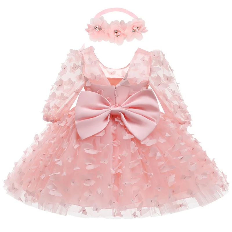 High quality baby 3D flower dress cute mesh bow dress girl festival party elegant temperament dress