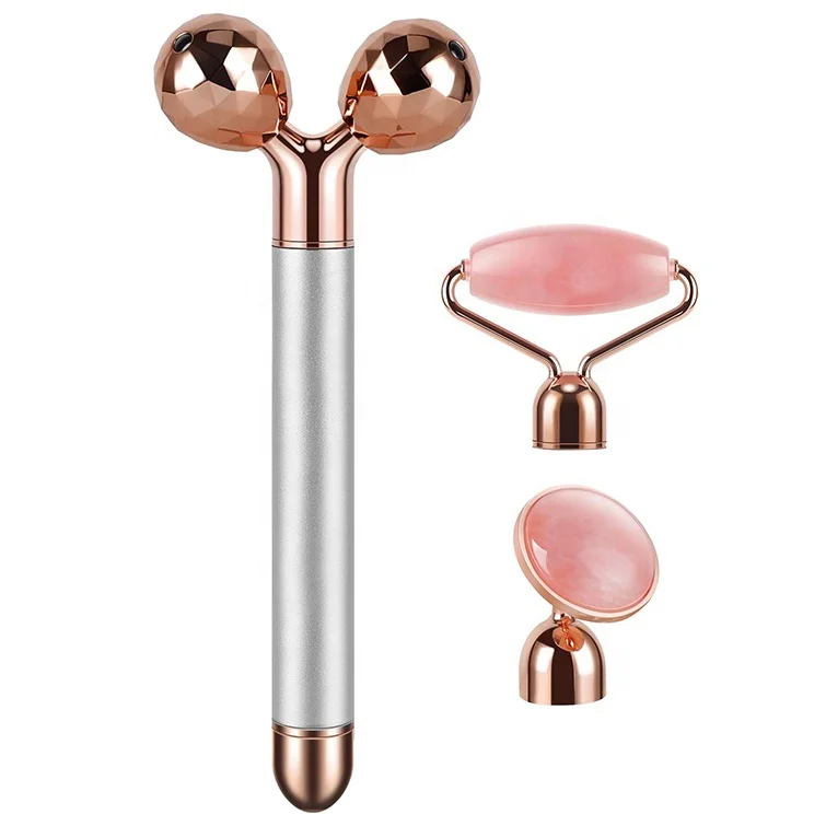 Private Label 3 in 1 Electric Jade Roller Skin Facial Massage Gold Beauty Bar Rose Quartz Vibrating Face Roller