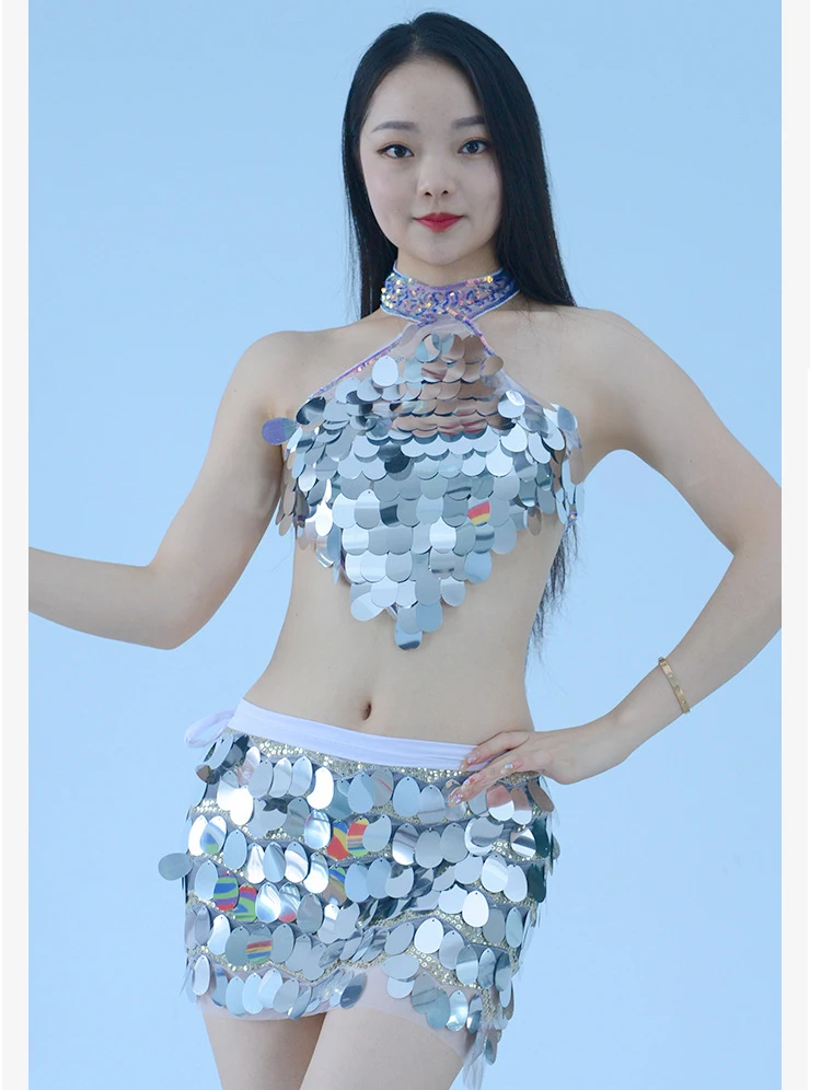 Fashionable Shiny Sequin top vest skirt set Night Club Dance Stage performance sexy clothes for adult Girl show costumes