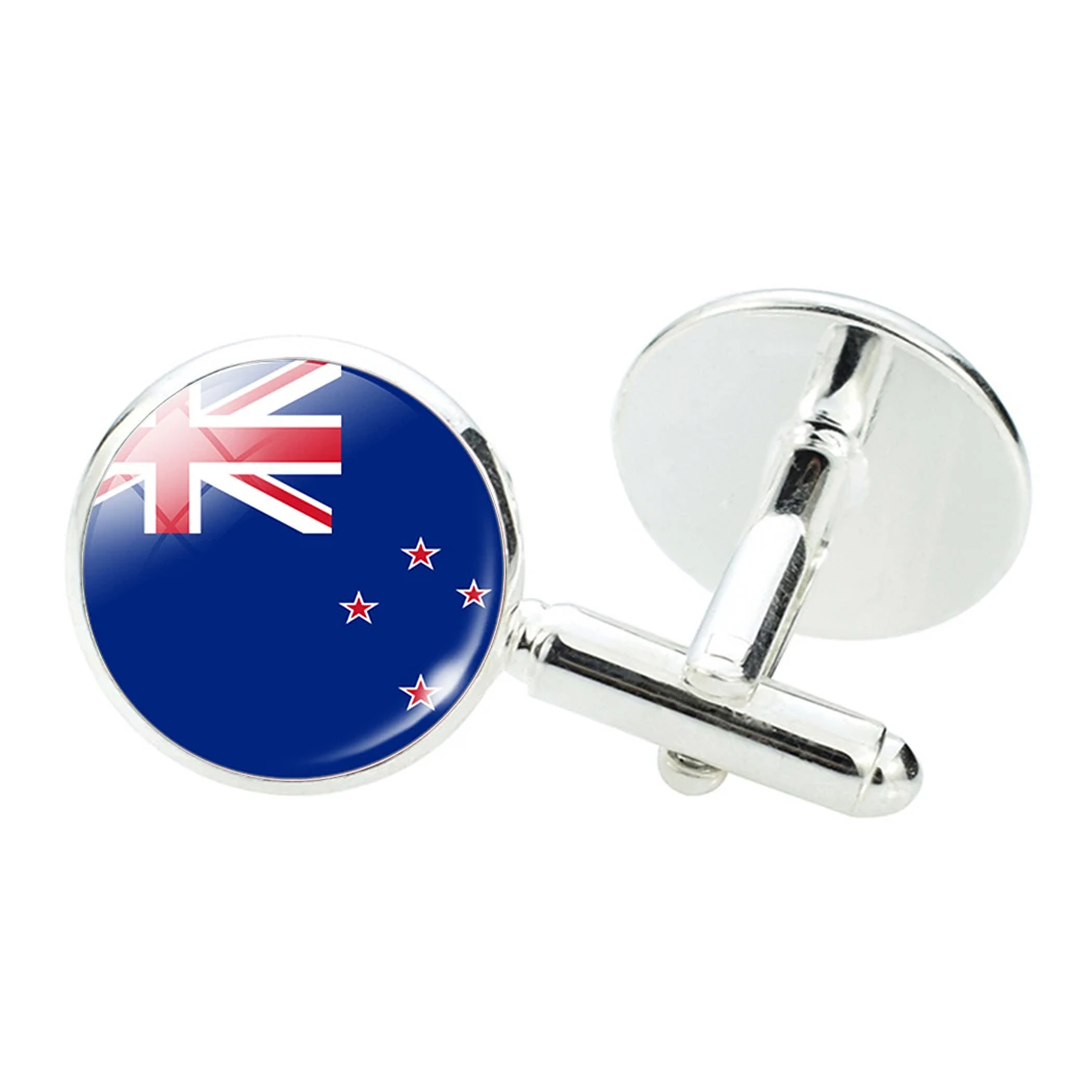 High Quality National Flag Cuff Links Gift Box Round Glass Dome Gemstone Australian Fiji Samoa Stainless Steel Cufflinks for Men