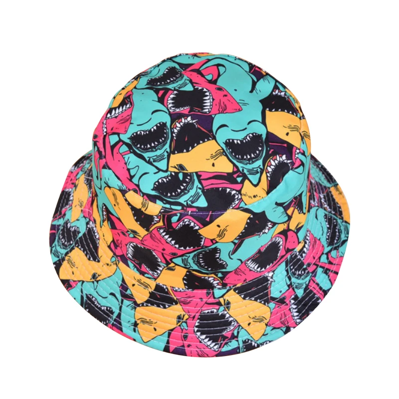 Summer Hip Hop Travel Beach Cap For Men Women Double Sides Graffiti Panama Caps Shark Print Fisherman Hats Cartoon Bucket Hat