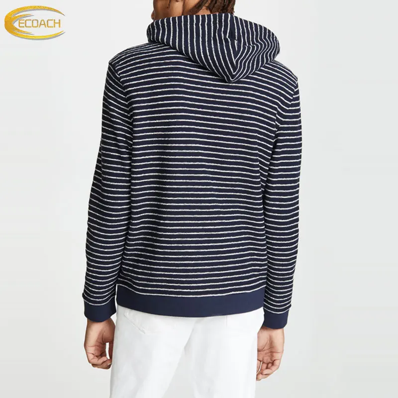 custom Spring Wholesale Custom Logo Long Sleeve Pullover Deep Blue and White Striped Hoodies for Men