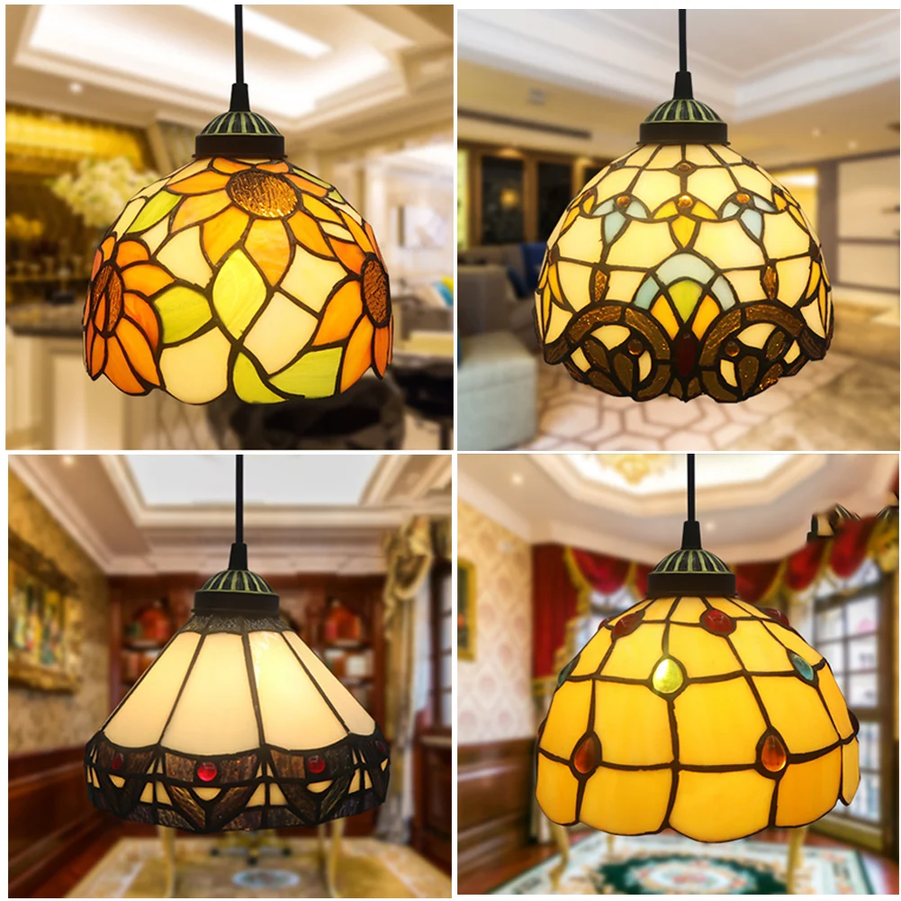 Hot Sales Tiffany Style Chandelier Vintage E27 Round Rustic Coloured Glass Decoration Pendant Light Adjustable Hanging Lamp