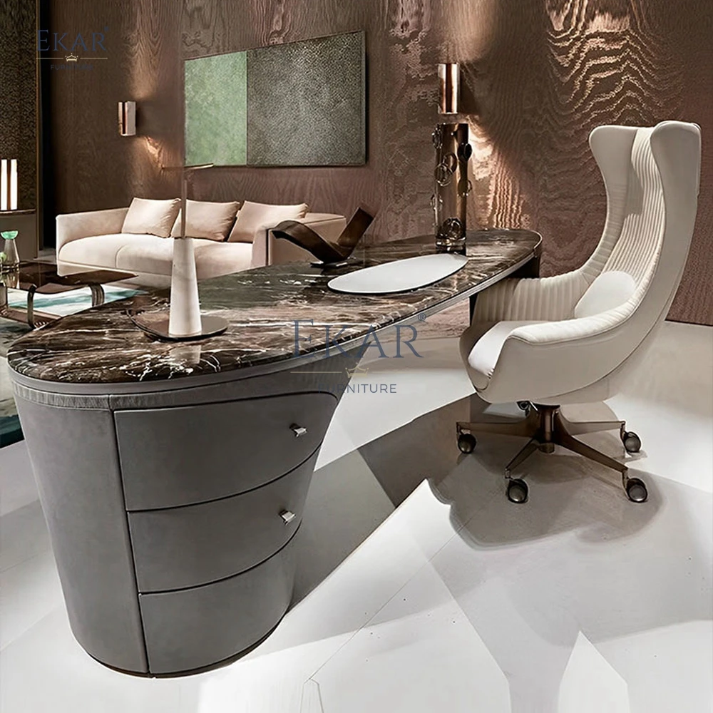 Modern Swivel Office Chair Champagne Gold Reclining Adjustable Headrest Massage Brushed Metal Legs Home Made Wood Fabric Iron