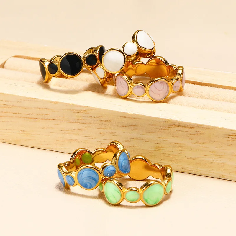 Best Selling Multi Color Drip Oil Finger Ring 18K Gold Plated Irregular Round Shape Enamel Stainless Steel Rings for Party