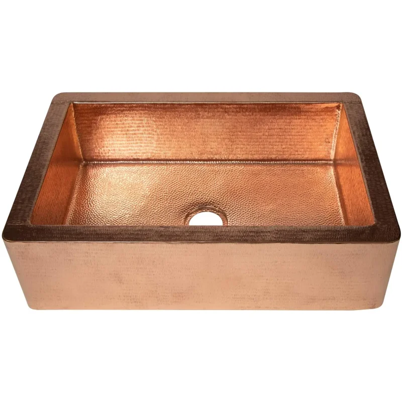 Farmhouse Copper Kitchen Sink Single Well Plain Straight Apron Hammered Copper Shiny Finish and Special Hammering on Lip Apro