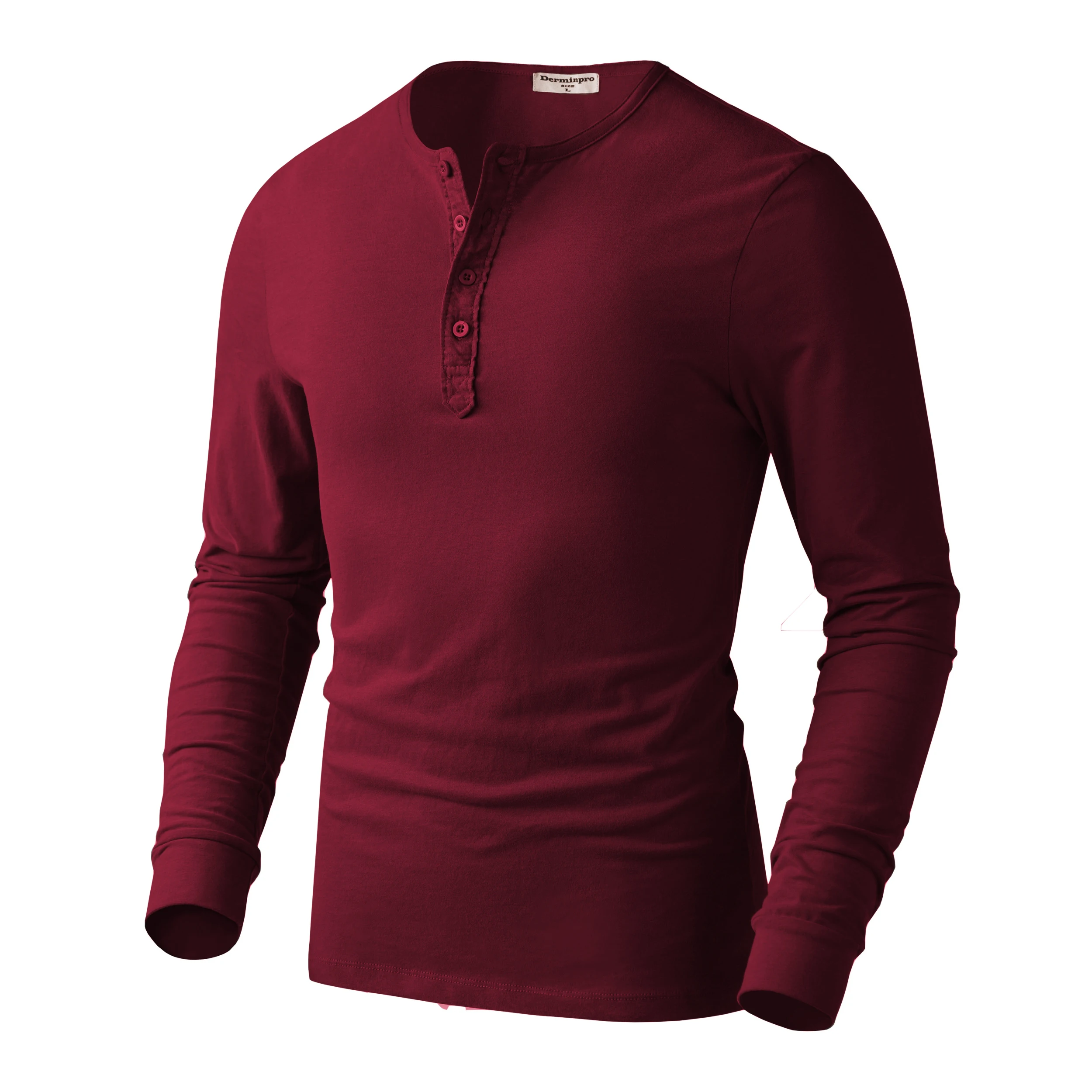 Customized logo label 100% cotton fabric V neck 4 button plackets mens long sleeve t shirts