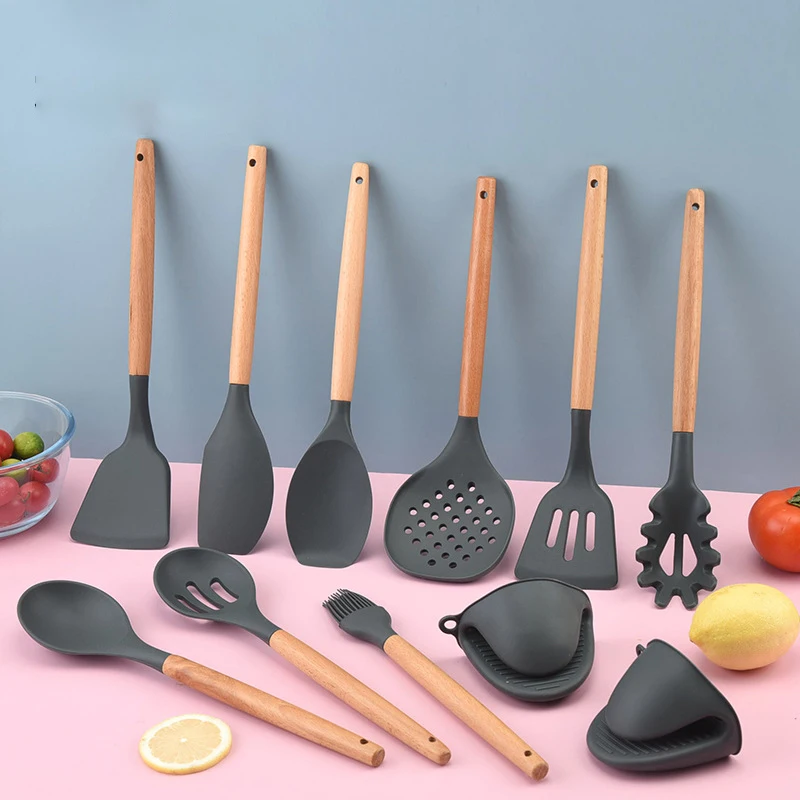 Аксессуары для домашней кухни, 10 шт., кухонная утварь с деревянной ручкой, антипригарная кухонная утварь, силиконовая кухонная утварь, набор для готовки