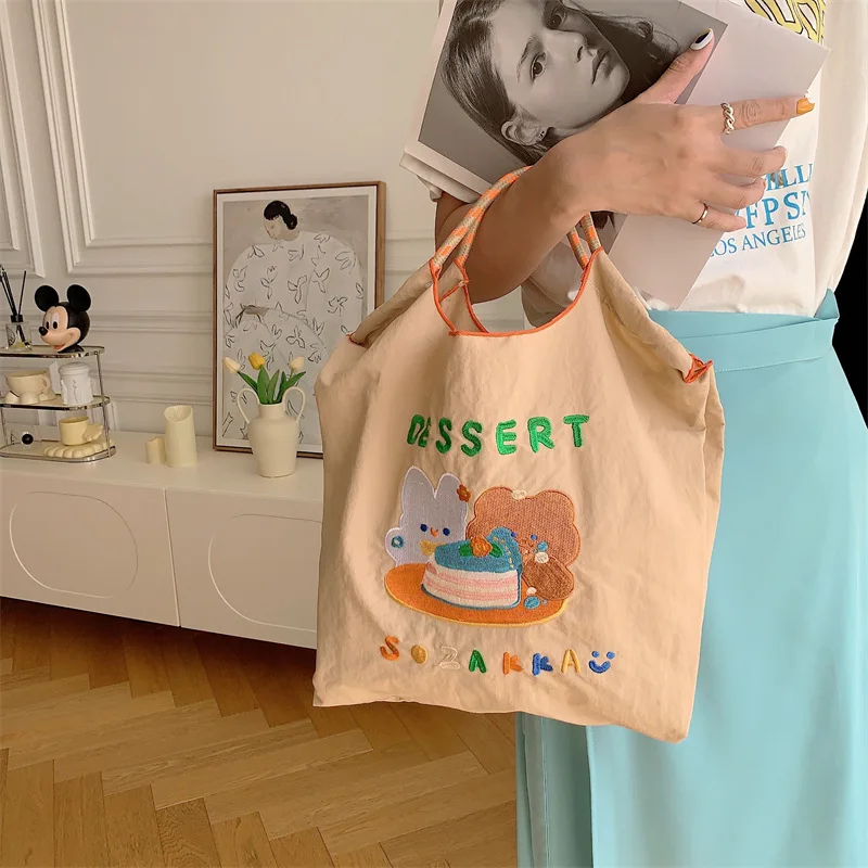 Japanese Custom Embroidery Large Capacity Foldable Girls Cute Students Class Single-Shoulder Reusable Shopping Bags