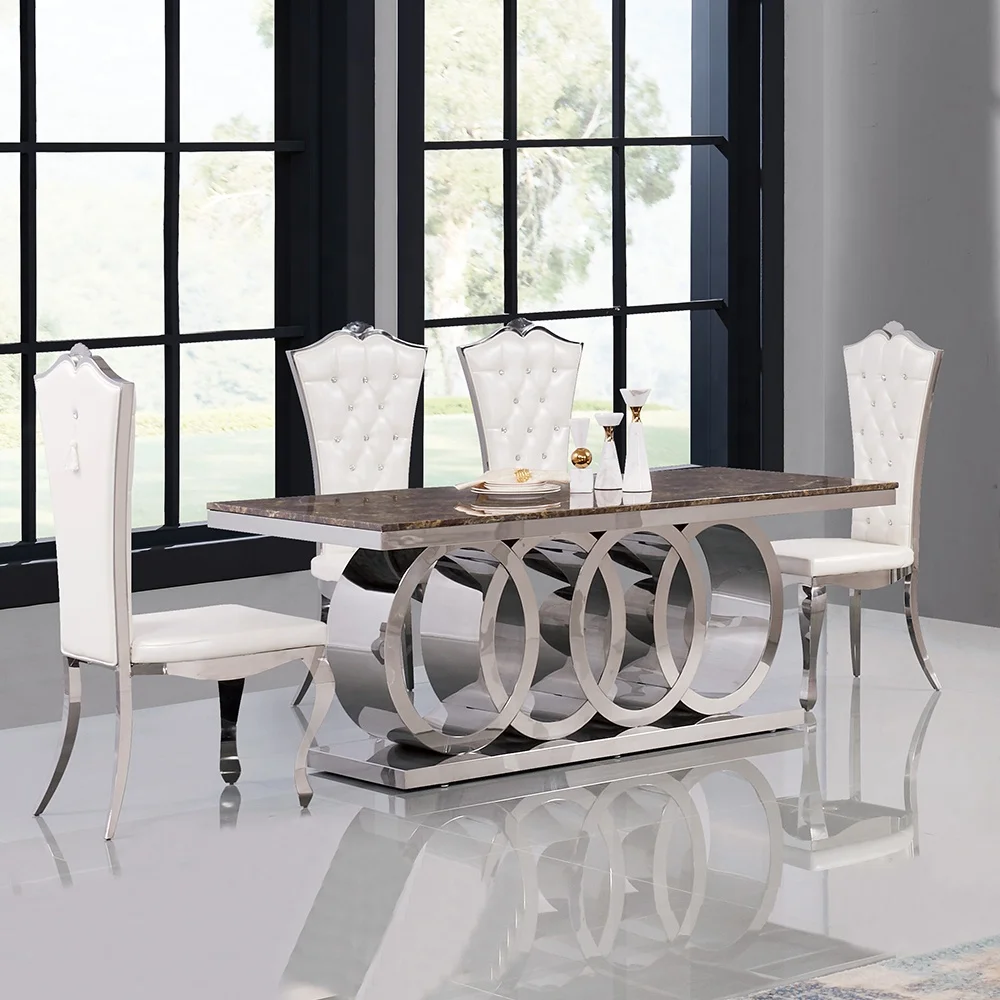 Wholesale foshan supplier furniture luxury modern big dianing table and 10 chairs set metal legs stainless steel dining table