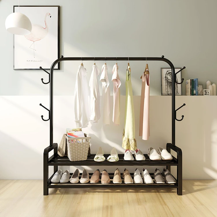 Clothes Drying Rack Foldable Double-Layer Large Storage Space Shoe Rack With Coat Hanging Cabinet And Hook