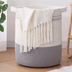 Modern Decorative Woven Cotton Rope Large Round Storage Basket with Handles for Living Room