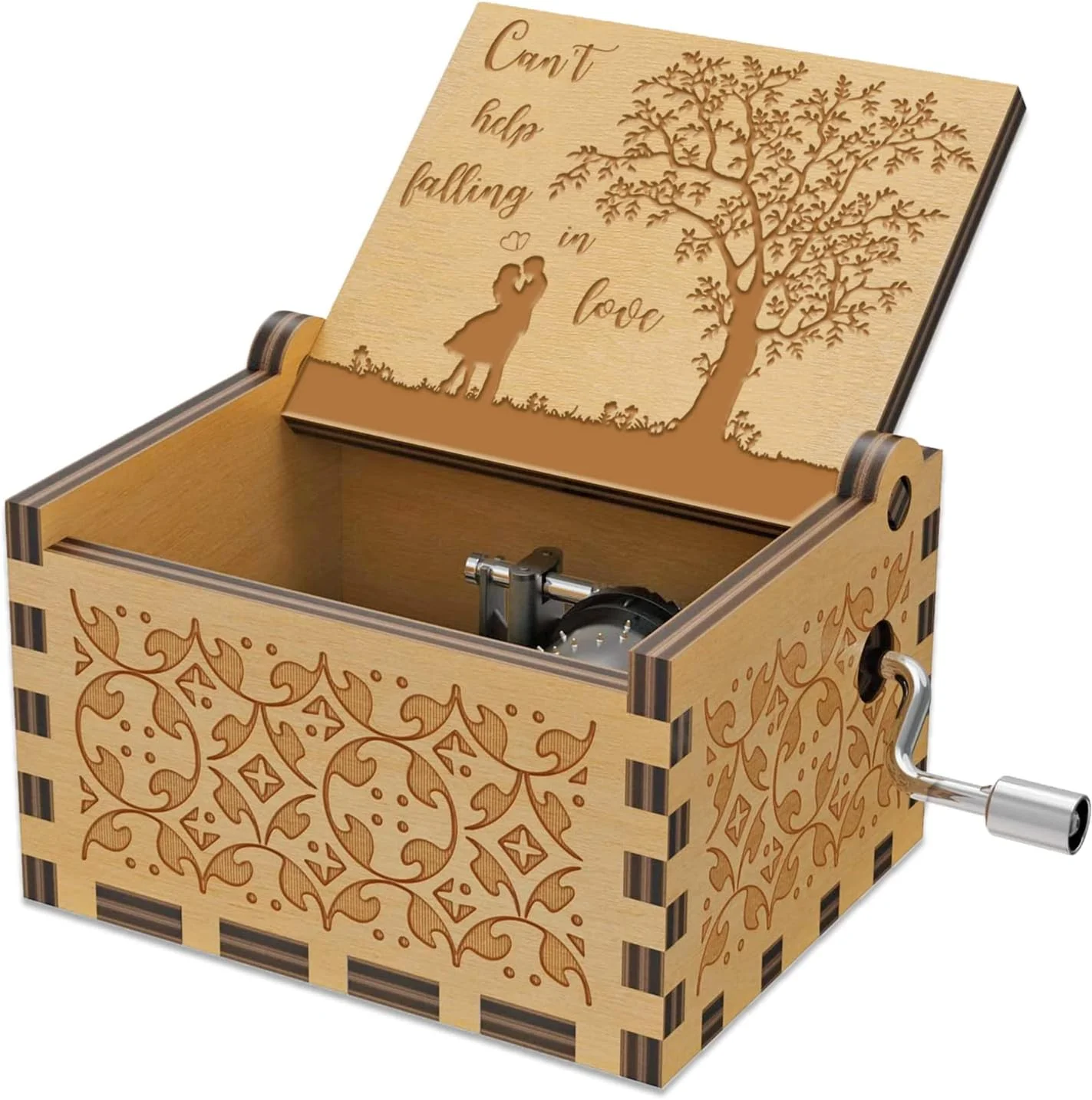 Factory Custom Hot Sale mini hand crank  music box mechanism Laser Engraved  wooden ballerinas music box