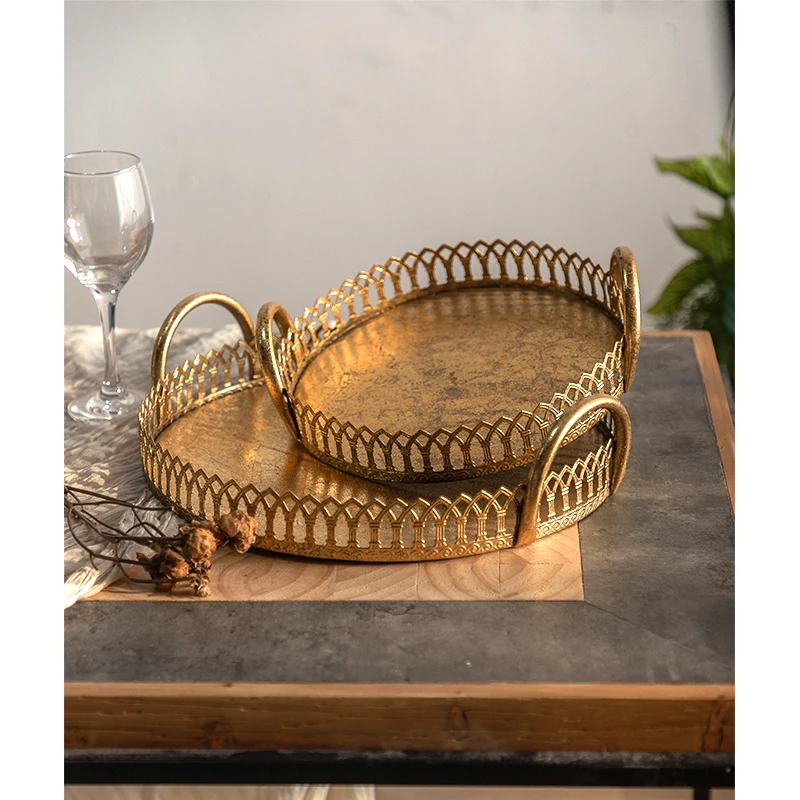 Decorative Tray Retro Gold Metal Round Mirror Tray Iron Vintage Style Decoration Tray Decorative Accents