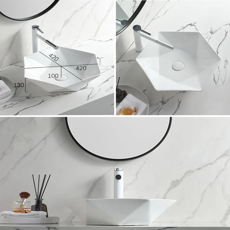 Custom New Style Unique Irregular Hexagon Shape Ceramic Above Counter Hand Wash Basin Bathroom Furniture Sink