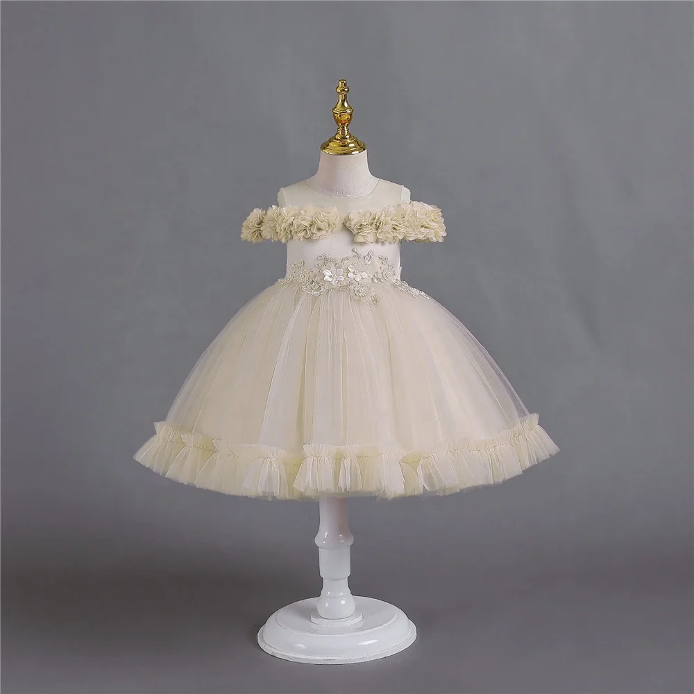 Summer Off Shoulder Flower Tulle Toddler Baby Girl Fancy Baptism Dress Lovely Girls First Year Birthday Party Wedding Dress