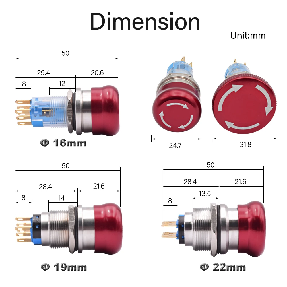 16mm 19mm 22mm 1NO 1NC 2NO 2NC Emergency Stop Switch On Off Metal Red Mushroom Dome Head Latching Push Button Push-button Switch