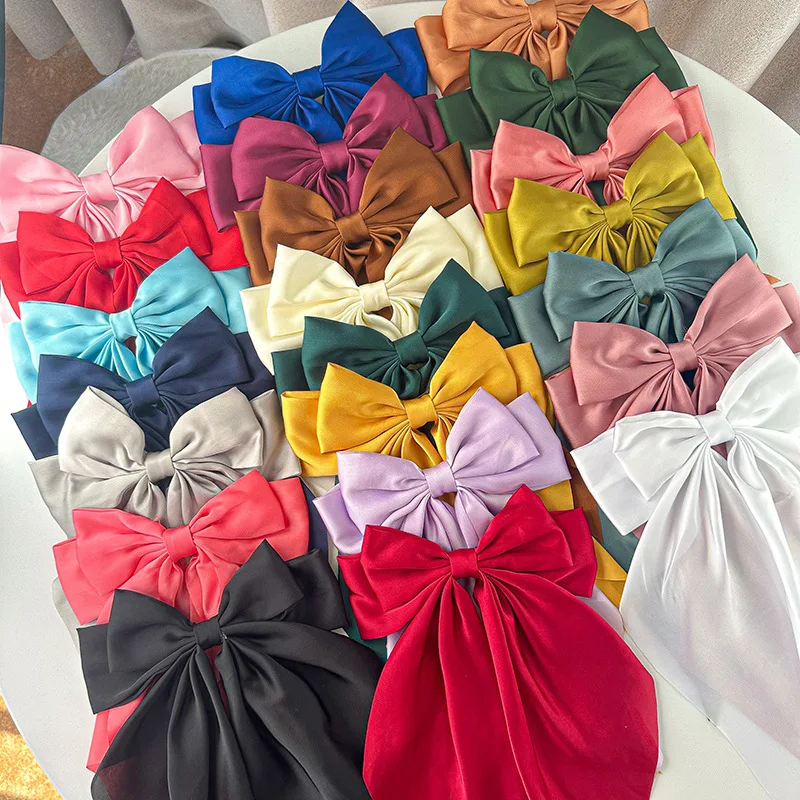3pcs/bag Solid Color Streamers Hair Bow Large Stain Hairpin Women Luxury Ponytail Hair Ties Accessories Scrunchies Bowknot Clips