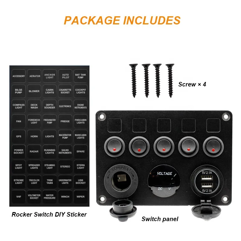 Dual USB Slot Socket 5V 4.2A Cigarette Lighter Voltmeter for Marine Boat Car Rv 12-24V Waterproof 5 Gang Rocker Switch Panel