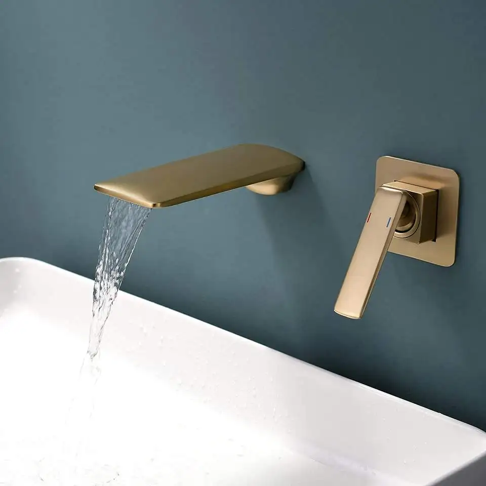 Wall Mounted Gold and White Tap Bathroom Single Handle Sink Faucet Waterfall Split Solid Brass Hot and Cold Mixer