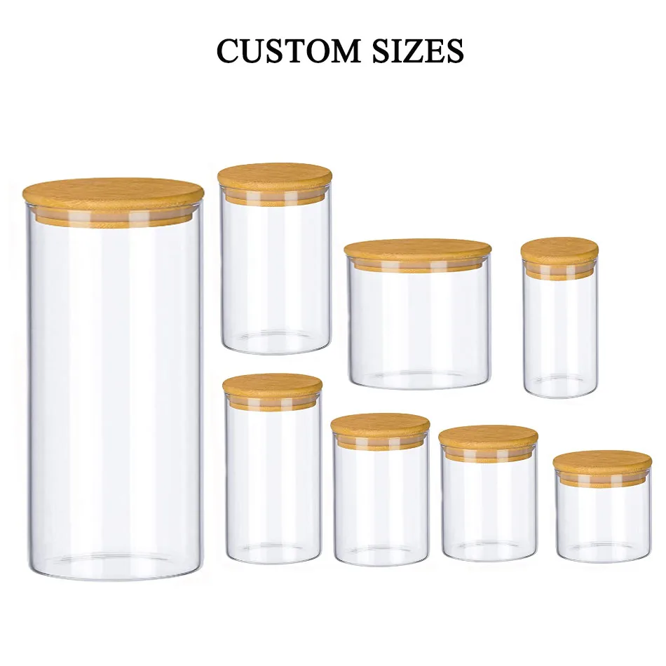 custom high borosilicate glassware fancy kitchen clear elegant round airtight coffee tea glass jar wooden lid storage spice jar