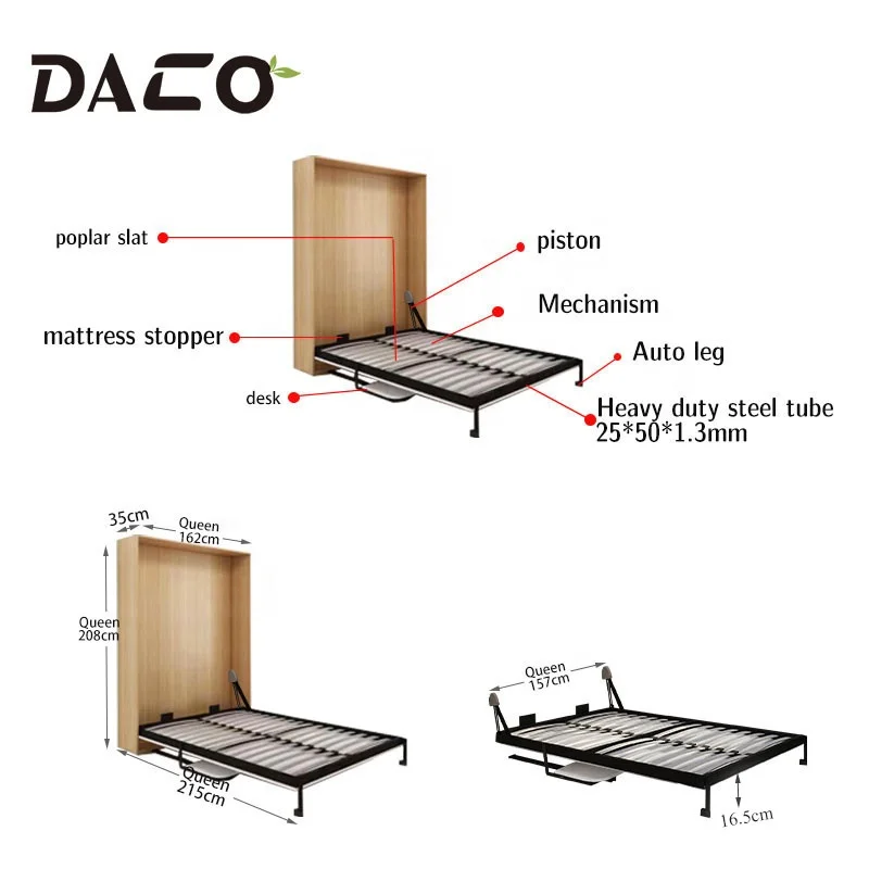 DIY installation free standing Horizontal Desk Folding Wall Bed Hardware With table