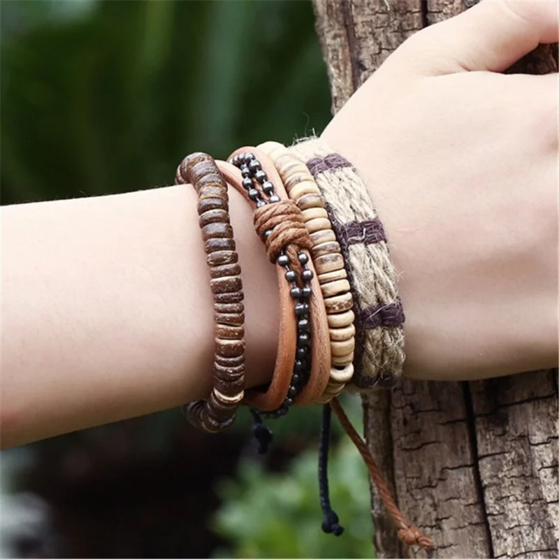 European Punk Fashion Retro Bracelet Hemp Woven Rope Wood Bead Bracelets Coconut Shell Genuine Leather Bracelet Set