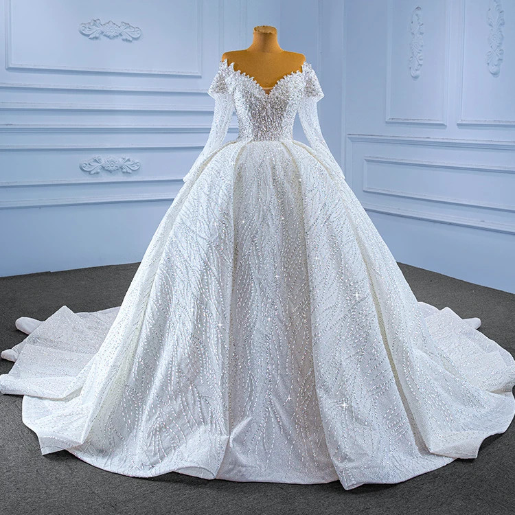 QUEENSGOWN  long tail sweetheart ball gown bride weddingdress off shoulder long sleeve ivory empire slim party dress