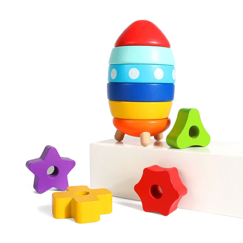 Mini Tower Column Ring Toys Wooden Early Educational Blocks Stacking Game Geometric Shape Stacking Ring Tower for Baby