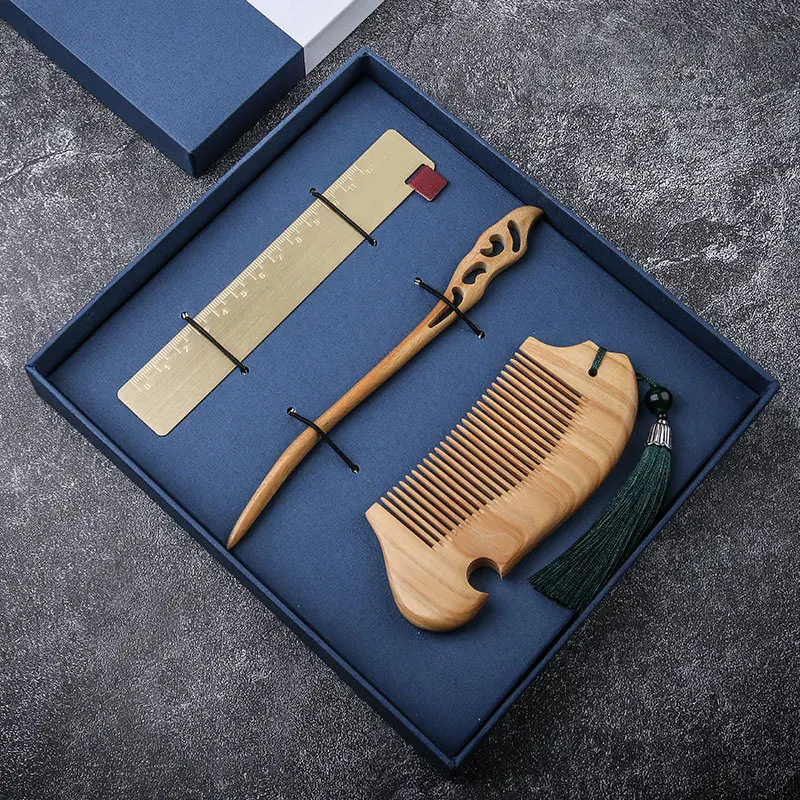 2022 Chinese style novelty gift bookmark sandalwood comb gift box set hairpin signature pen business gift