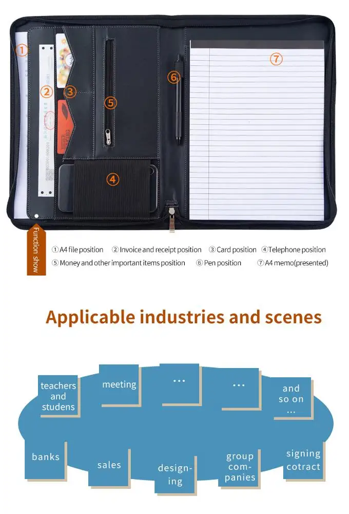 A4 Zip Leather Document Folder for Business Office