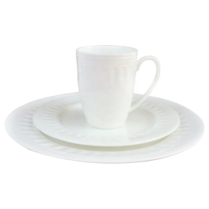 white custom design embossed white porcelain bone china dinner set restaurant crockery set
